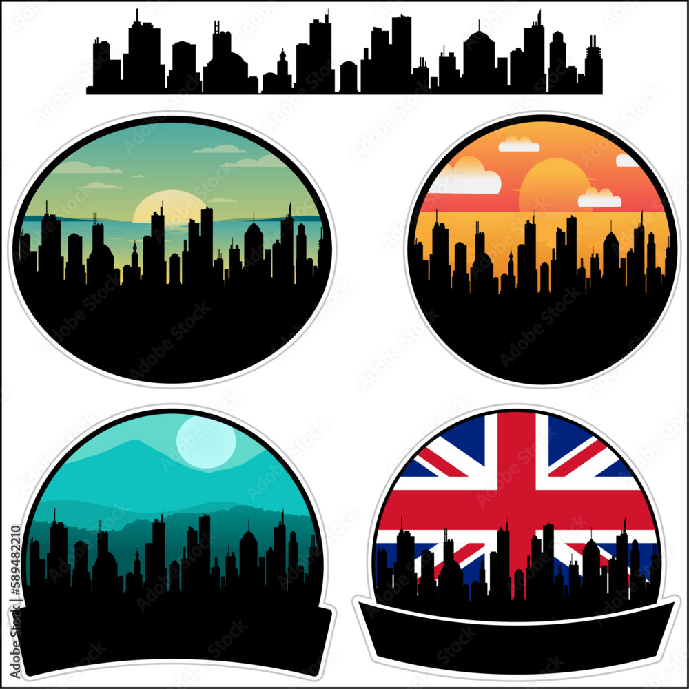 Failsworth Skyline Silhouette Uk Flag Travel Souvenir Sticker Sunset Background Vector Illustration SVG EPS AI