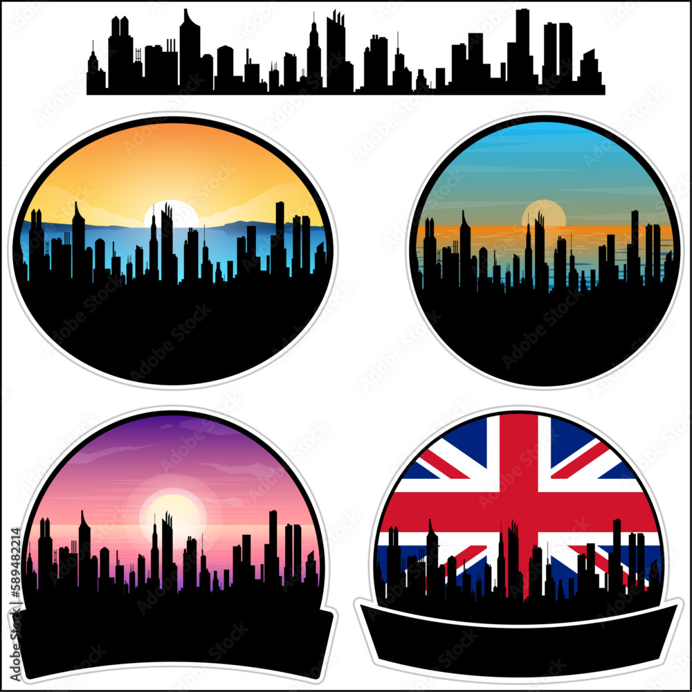 Kirkstall Skyline Silhouette Uk Flag Travel Souvenir Sticker Sunset Background Vector Illustration SVG EPS AI