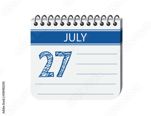 27 july calendar page vector. 3d one day calendar date appointment, holiday, deadline, event reminder illustration. Abstract three dimensional daily date calendar.
