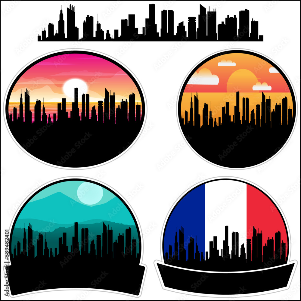 Wasquehal Skyline Silhouette France Flag Travel Souvenir Sticker Sunset Background Vector Illustration SVG EPS AI