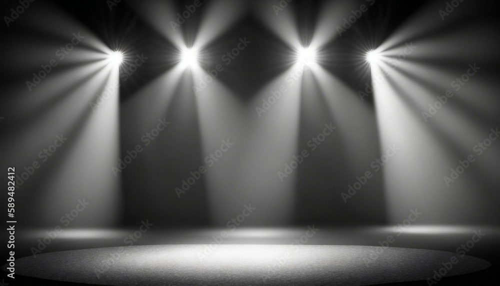 immerse yourself in an ethereal world: empty dark stage transformed with mist, fog, and grey spotlights, perfect for showcasing artistic works and products. generative ai immerse yourself in an ethereal world: empty dark stage transformed with mist, fog, and grey spotlights, perfect for showcasing artistic works and products. generative ai