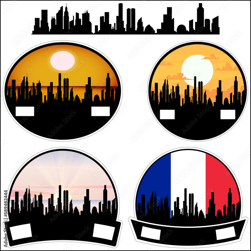 Mantes la Ville Skyline Silhouette France Flag Travel Souvenir Sticker Sunset Background Vector Illustration SVG EPS AI