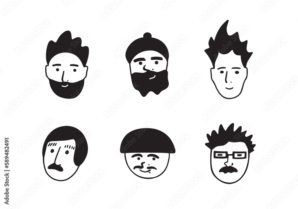 Hand drawn men faces doodle set. Black and white icons collection. Hand drawn men faces doodle set. Black and white icons collection.