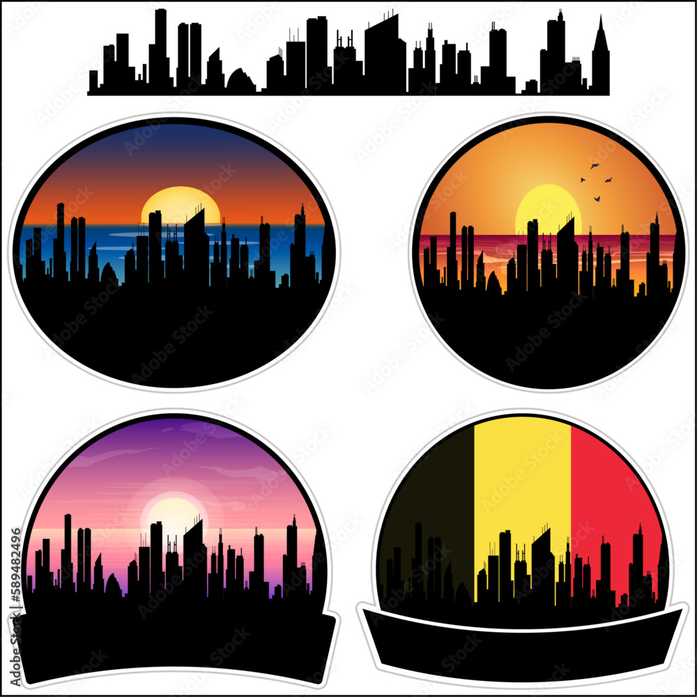 Tielt Skyline Silhouette Belgium Flag Travel Souvenir Sticker Sunset Background Vector Illustration SVG EPS AI
