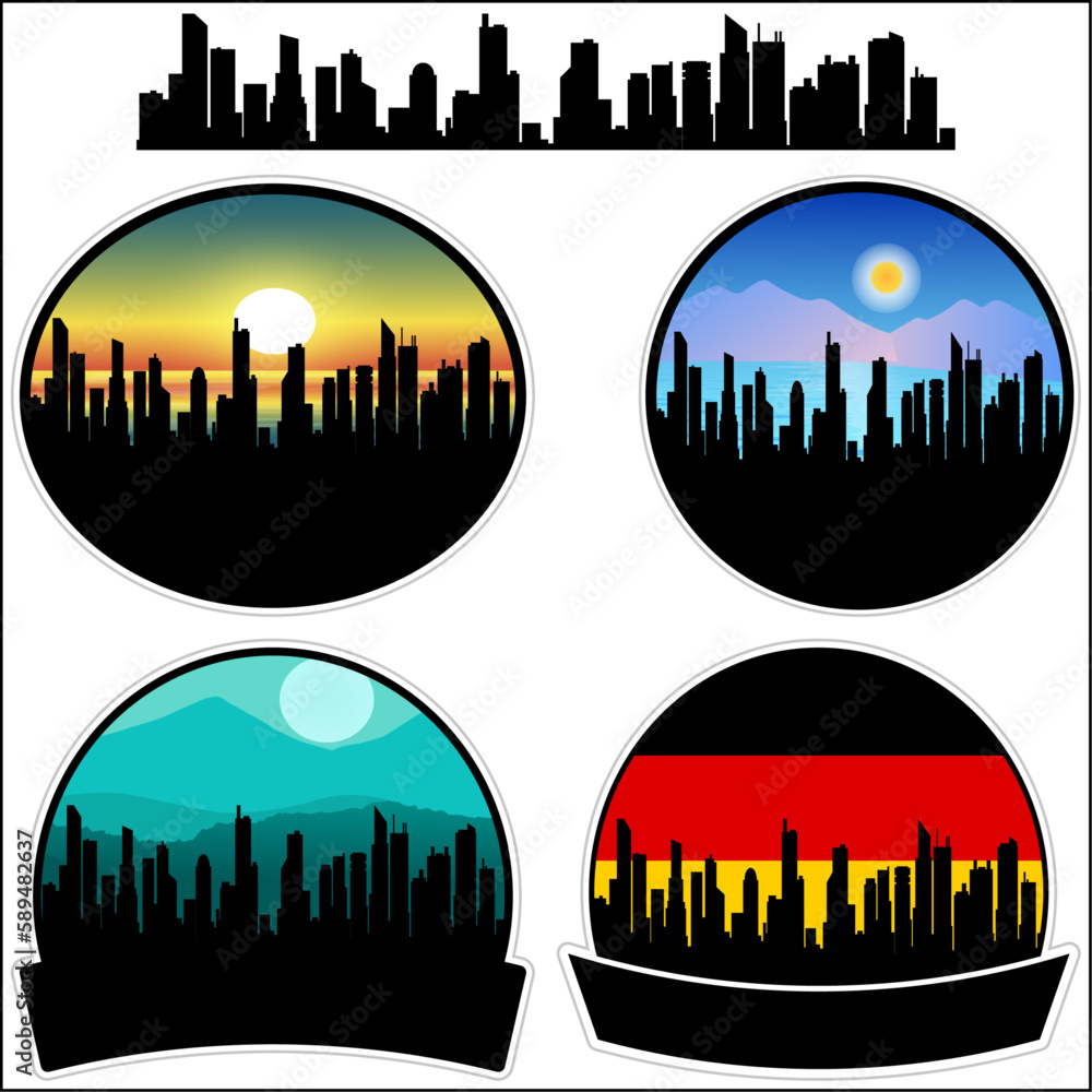 Stadtlohn Skyline Silhouette Germany Flag Travel Souvenir Sticker Sunset Background Vector Illustration SVG EPS AI