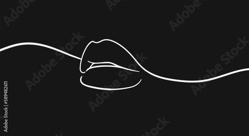 Lips line drawing on black background. Fashion outline illustration