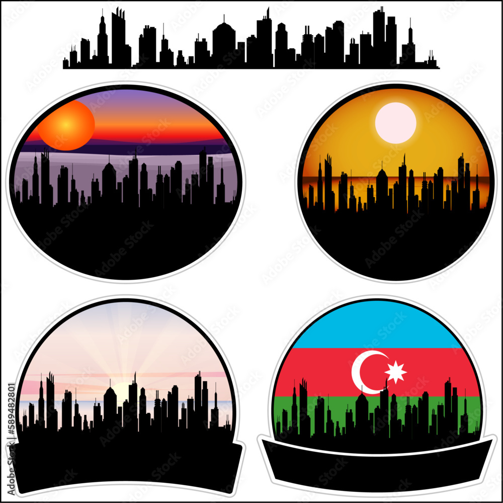 Agstafa Skyline Silhouette Azerbaijan Flag Travel Souvenir Sticker Sunset Background Vector Illustration SVG EPS AI