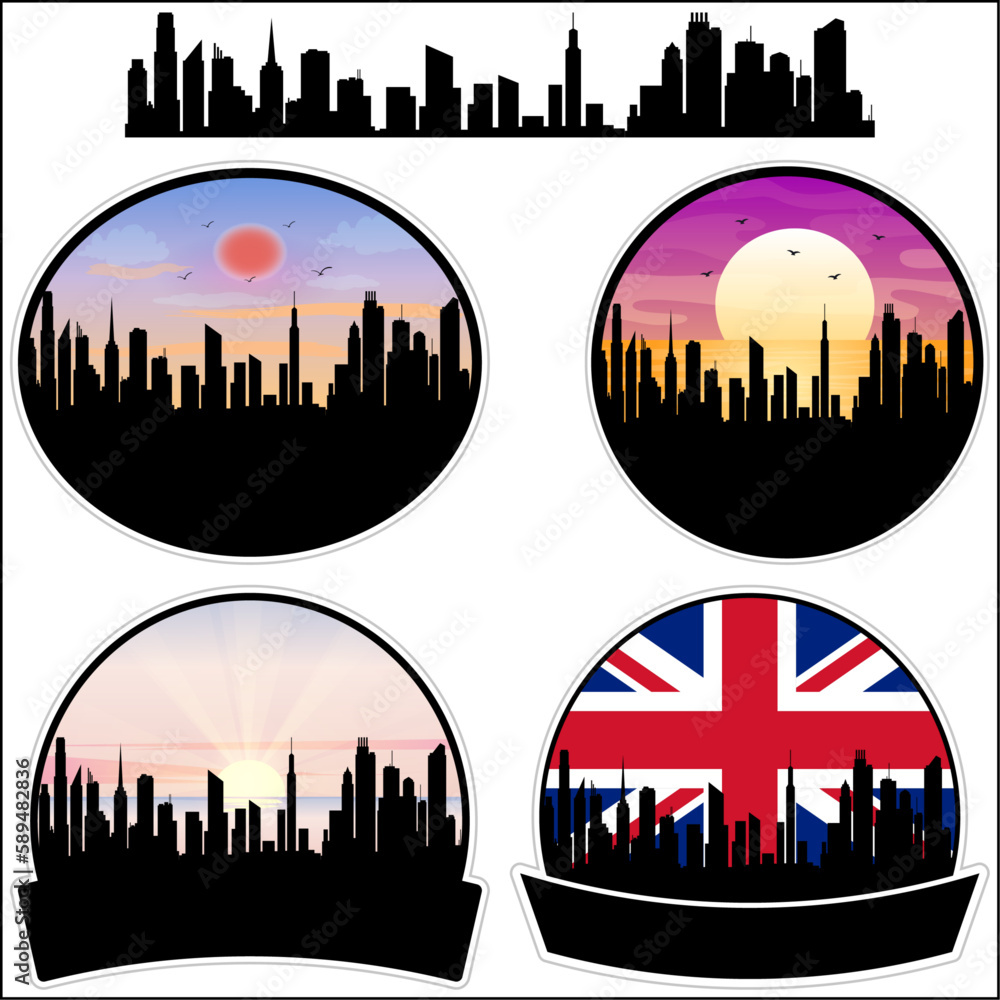 Peterlee Skyline Silhouette Uk Flag Travel Souvenir Sticker Sunset Background Vector Illustration SVG EPS AI