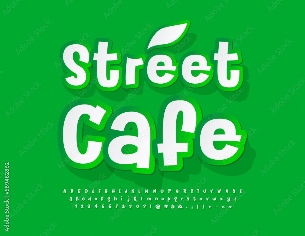 Vector stylish logo Street Cafe with decorative Leaf. Green and White paper Font. Set of creative sticker Alphabet Letters, Numbers and Symbols Vector stylish logo Street Cafe with decorative Leaf. Green and White paper Font. Set of creative sticker Alphabet Letters, Numbers and Symbols
