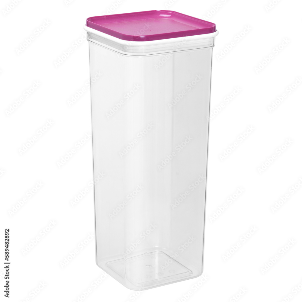 Empty transparent container with a lid on a white background Empty transparent container with a lid on a white background