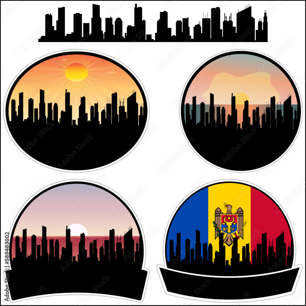 Comrat Skyline Silhouette Moldova Flag Travel Souvenir Sticker Sunset Background Vector Illustration SVG EPS AI
