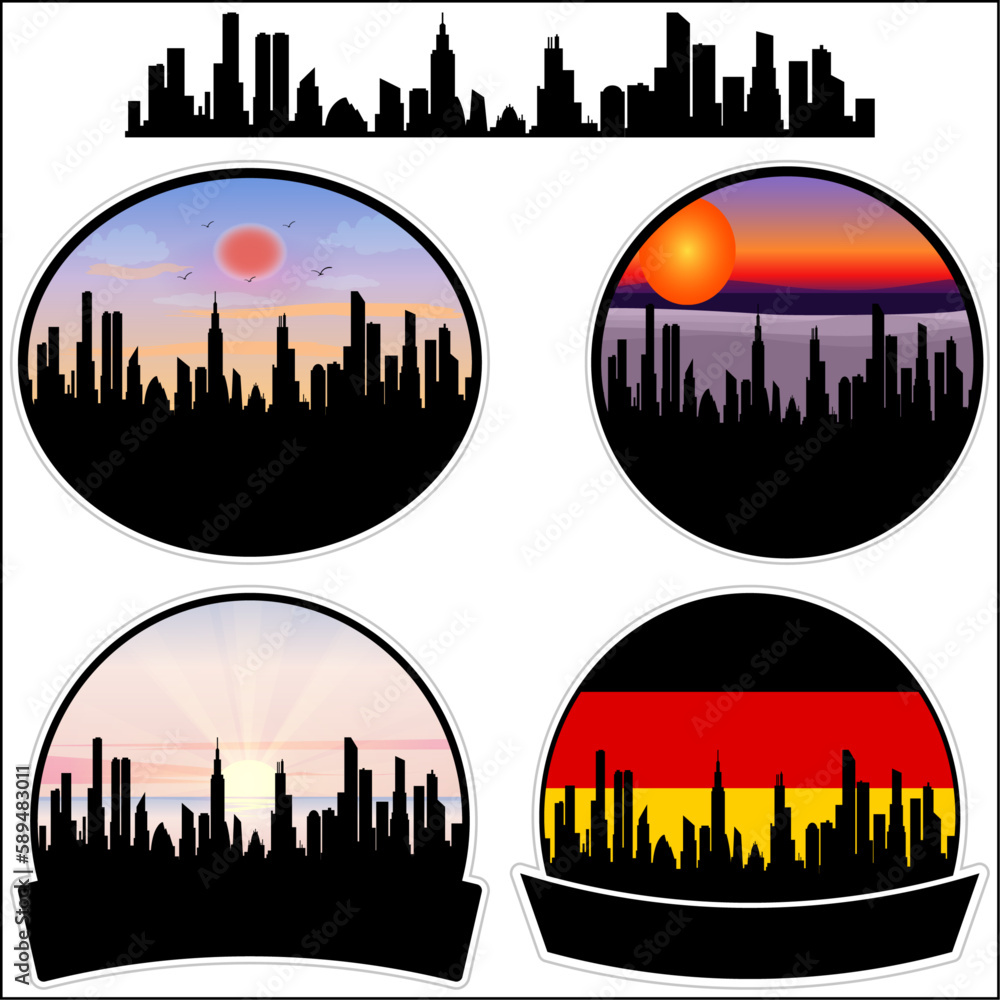 Greiz Skyline Silhouette Germany Flag Travel Souvenir Sticker Sunset Background Vector Illustration SVG EPS AI