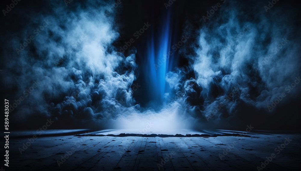 immerse yourself in an ethereal world: empty dark stage transformed with mist, fog, and indigo smoke, perfect for showcasing artistic works and products. generative ai