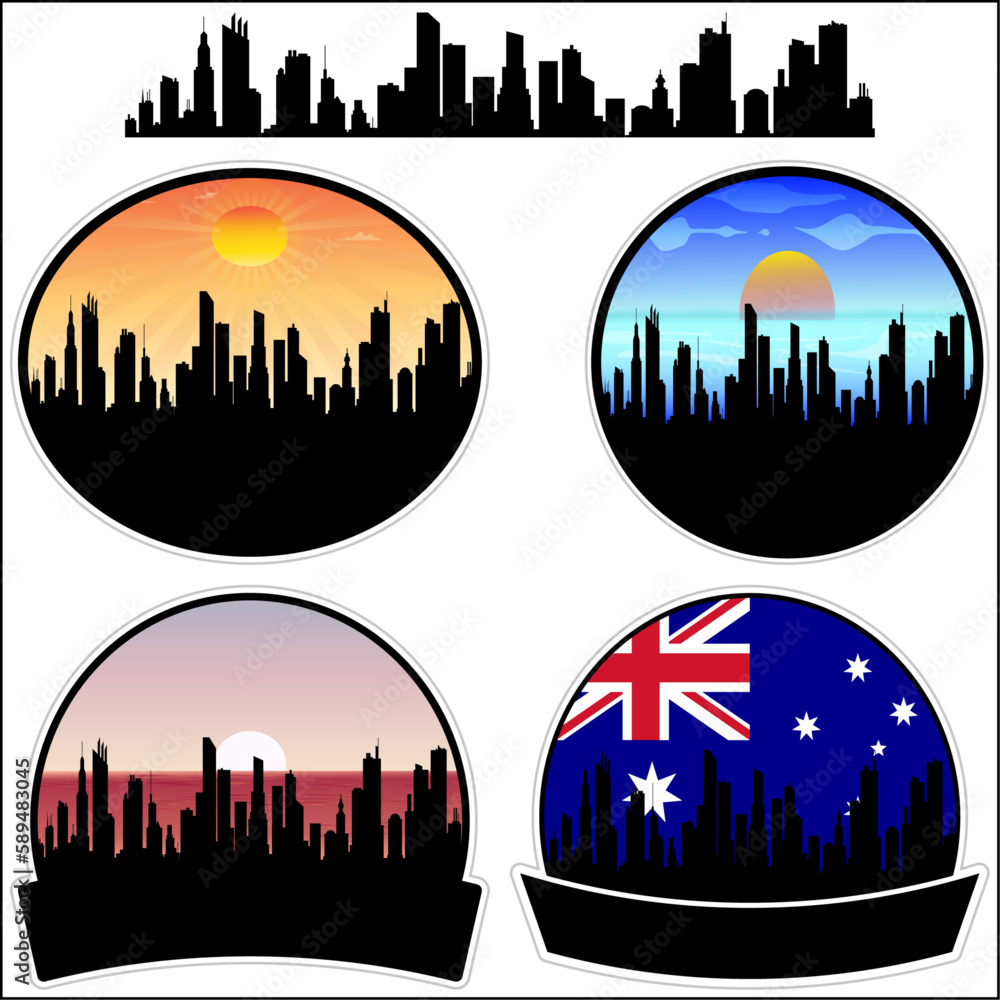 Kwinana Skyline Silhouette Australia Flag Travel Souvenir Sticker Sunset Background Vector Illustration SVG EPS AI