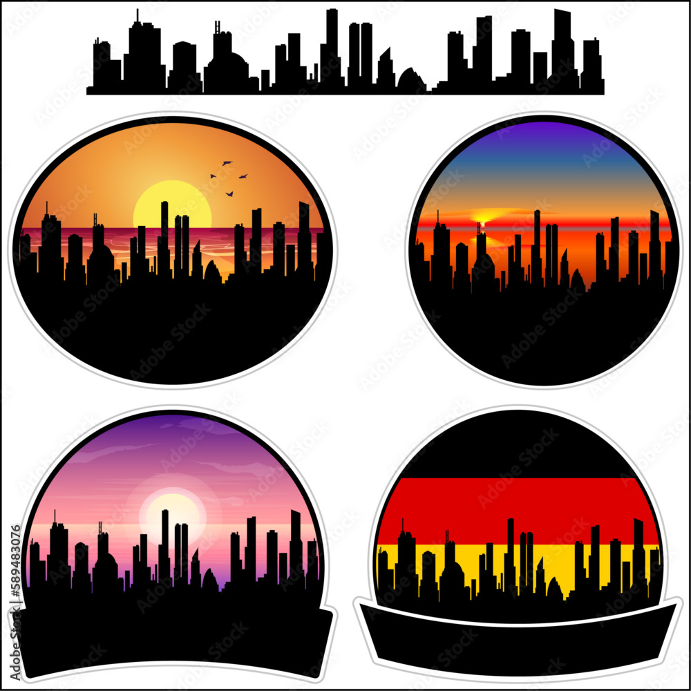 Dillingen Skyline Silhouette Germany Flag Travel Souvenir Sticker Sunset Background Vector Illustration SVG EPS AI