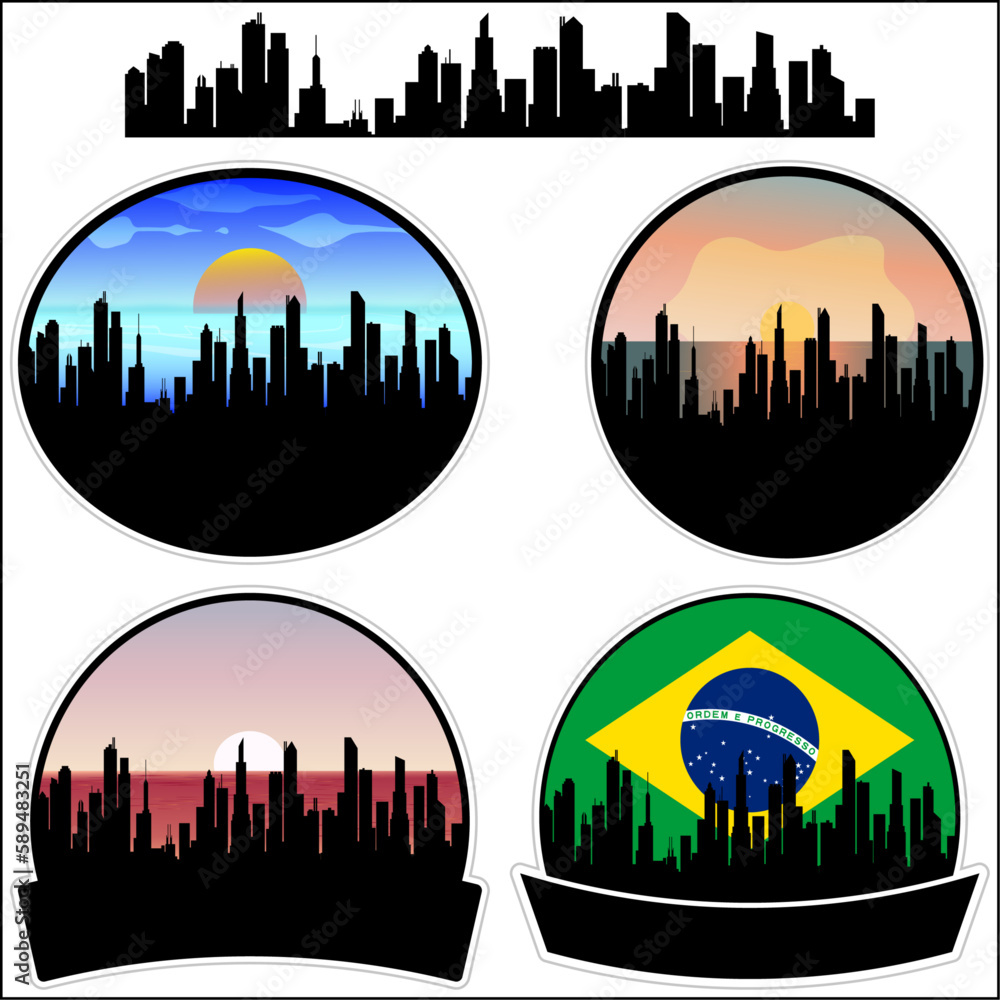 Castilho Skyline Silhouette Brazil Flag Travel Souvenir Sticker Sunset Background Vector Illustration SVG EPS AI