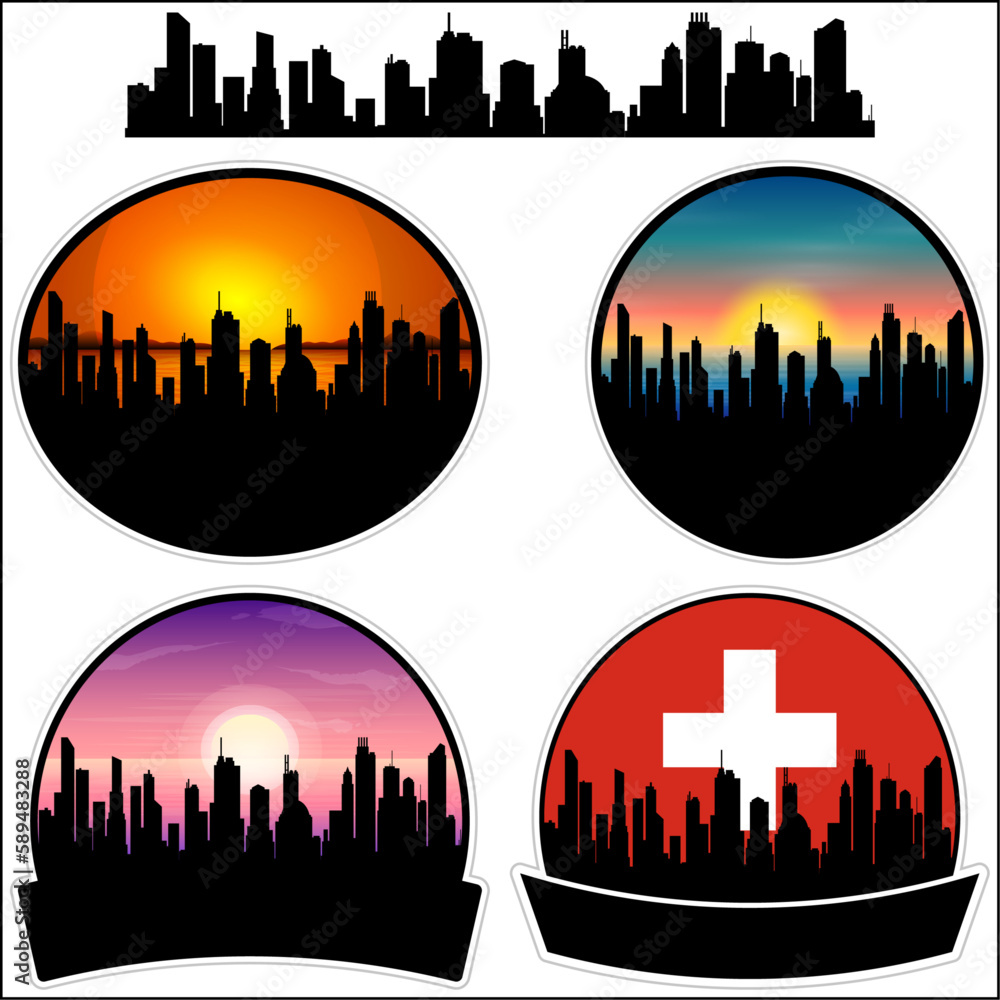 Vevey Skyline Silhouette Switzerland Flag Travel Souvenir Sticker Sunset Background Vector Illustration SVG EPS AI