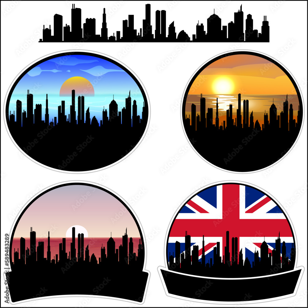 Biddulph Skyline Silhouette Uk Flag Travel Souvenir Sticker Sunset Background Vector Illustration SVG EPS AI