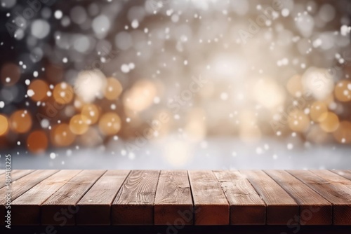 Empty Wooden Table on Snowy Background with Copy Space for Product Display