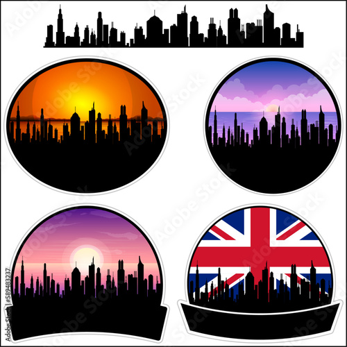 Irlam Skyline Silhouette Uk Flag Travel Souvenir Sticker Sunset Background Vector Illustration SVG EPS AI