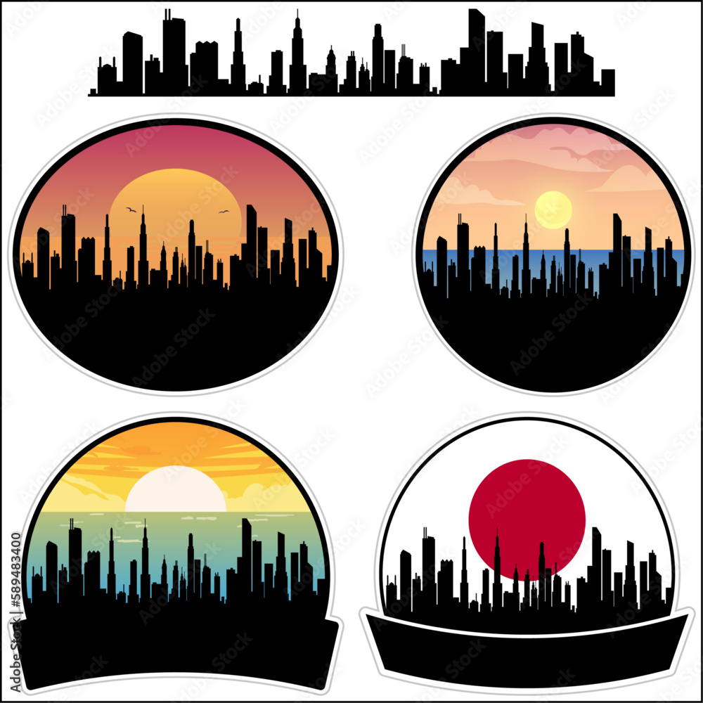 Kitatajima Skyline Silhouette Japan Flag Travel Souvenir Sticker Sunset Background Vector Illustration SVG EPS AI