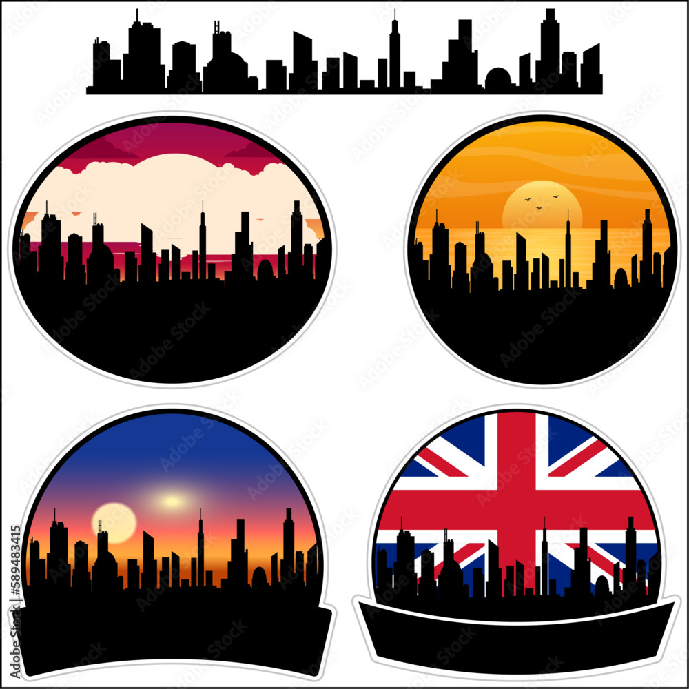 Stamford Skyline Silhouette Uk Flag Travel Souvenir Sticker Sunset Background Vector Illustration SVG EPS AI