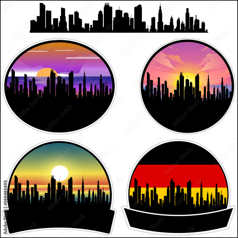 Schopfheim Skyline Silhouette Germany Flag Travel Souvenir Sticker Sunset Background Vector Illustration SVG EPS AI