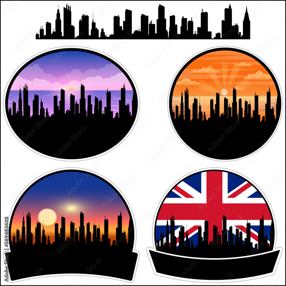 Skegness Skyline Silhouette Uk Flag Travel Souvenir Sticker Sunset Background Vector Illustration SVG EPS AI