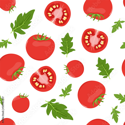 Seamless pattern of red tomatoes with green leaves on a white background