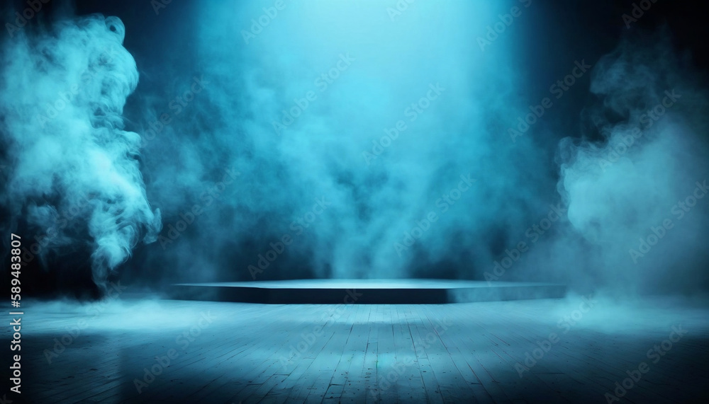 immerse yourself in an ethereal world: empty dark stage transformed with mist, fog, and sky-blue smoke, perfect for showcasing artistic works and products. generative ai immerse yourself in an ethereal world: empty dark stage transformed with mist, fog, and sky-blue smoke, perfect for showcasing artistic works and products. generative ai