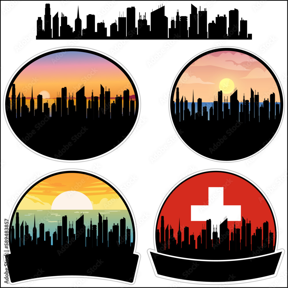 Kloten Skyline Silhouette Switzerland Flag Travel Souvenir Sticker Sunset Background Vector Illustration SVG EPS AI