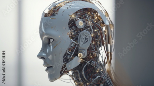 Robot artificial intelligence. The image of a robat woman with wires and microcircuits. Generative AI