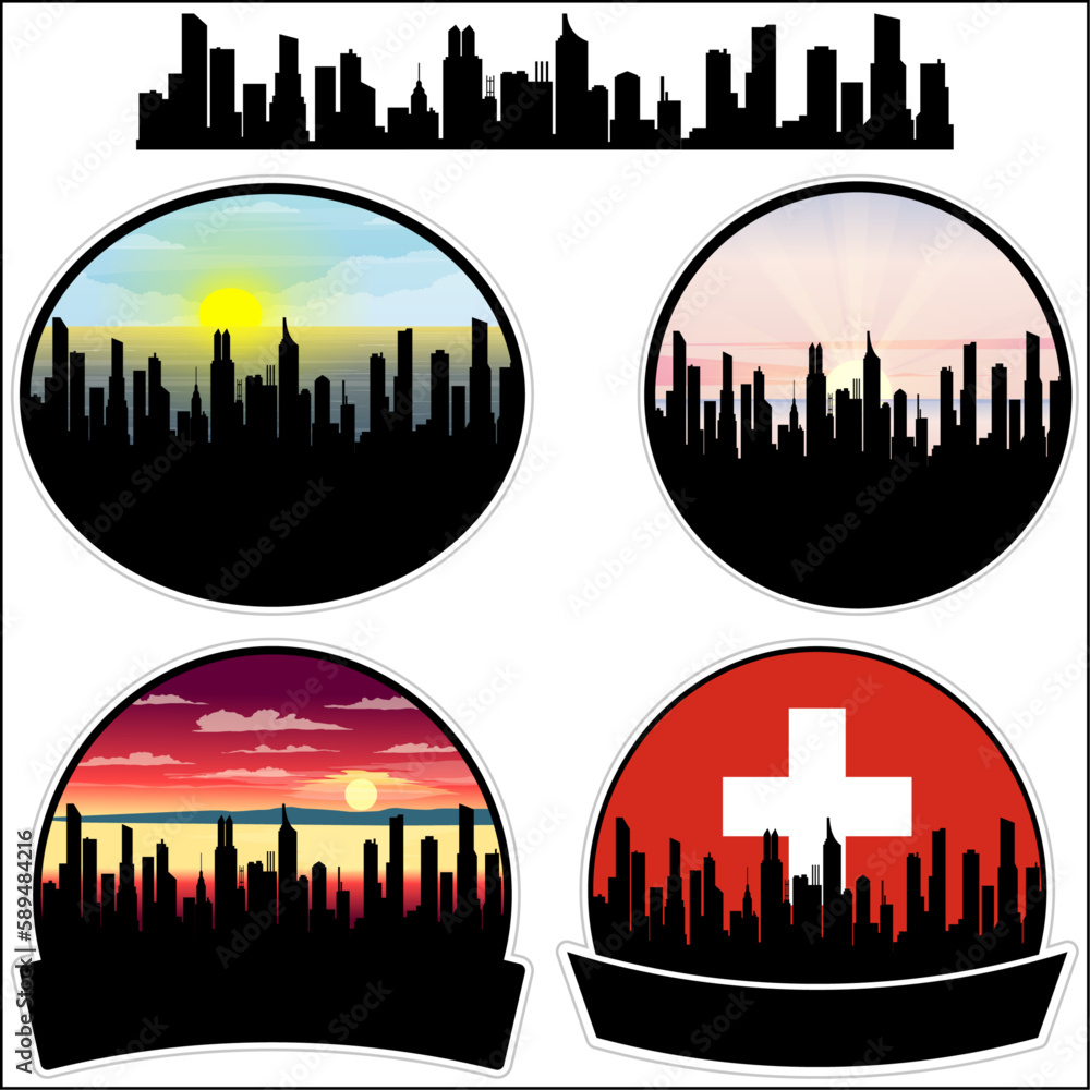 Reinach Skyline Silhouette Switzerland Flag Travel Souvenir Sticker Sunset Background Vector Illustration SVG EPS AI