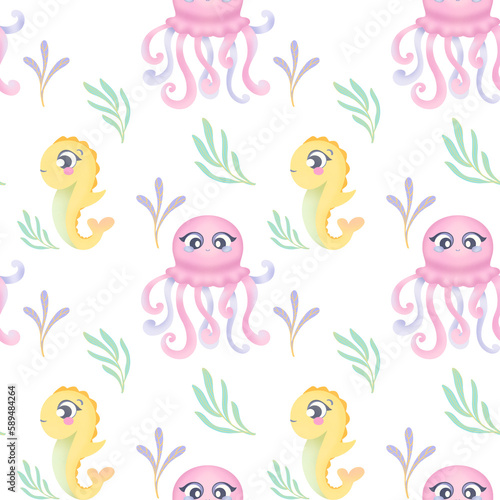 Seamless pattern with Underwater animal watercolor clipart. cute cartoon seahorse  octopus and algae. Print for children s things  wrapping paper for gifts to kids