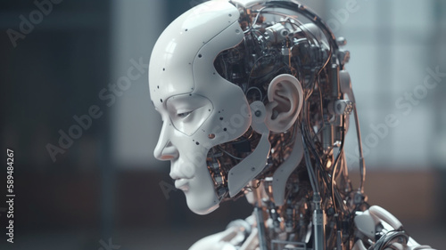 Robot artificial intelligence. The image of a robat woman with wires and microcircuits. Generative AI