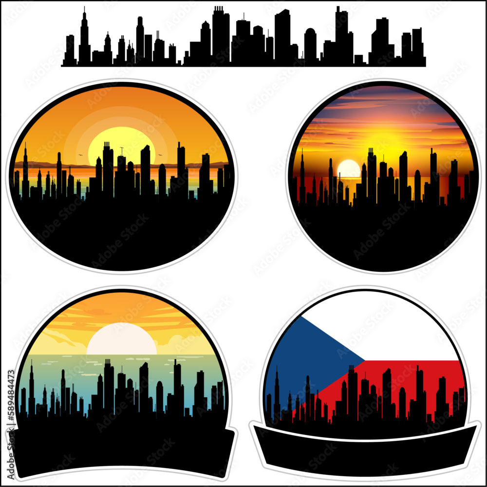 Zatec Skyline Silhouette Czech Flag Travel Souvenir Sticker Sunset Background Vector Illustration SVG EPS AI