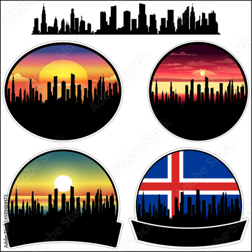 Akureyri Skyline Silhouette Iceland Flag Travel Souvenir Sticker Sunset Background Vector Illustration SVG EPS AI