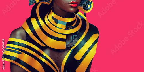 Nala - Full body fashion portrait, Stock photography of a beautiful Somalian Cyborg girl, fictitious person. (Ai generated)