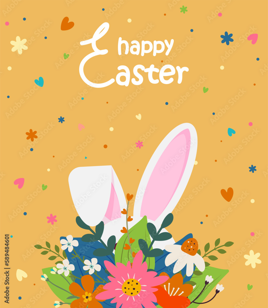 Easter lettering. Easter greeting card with bunny ears and flowers on a orange background. Vector . Easter greeting card