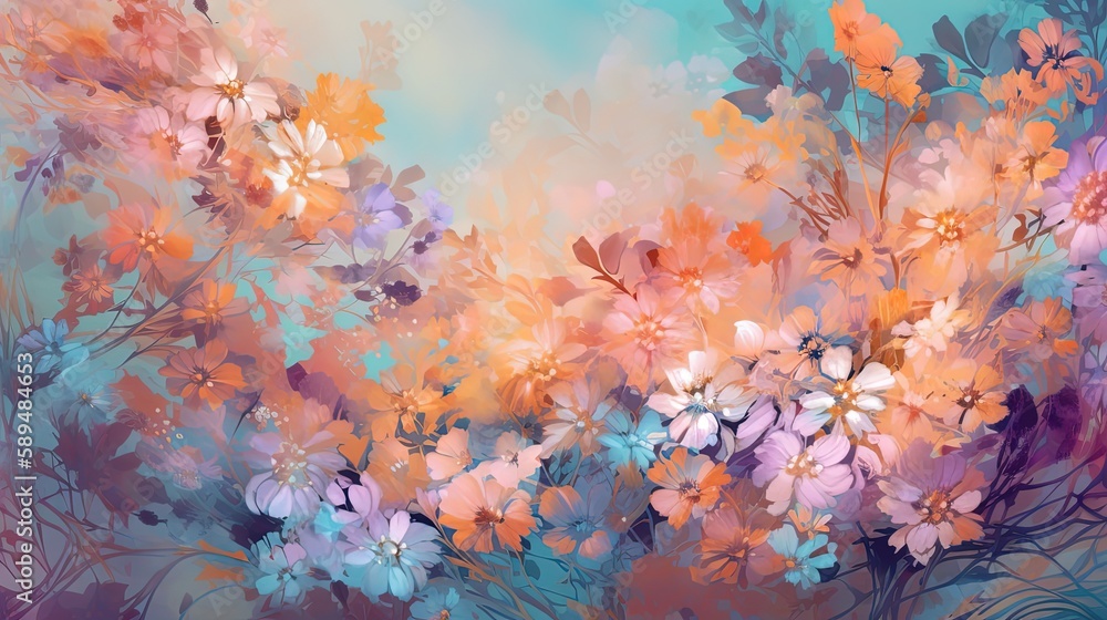 abstract flora background, beautiful spring pastel flowers garden in pastel tone color, pink, blue, orange, vintage dreamy tone color, Generative Ai