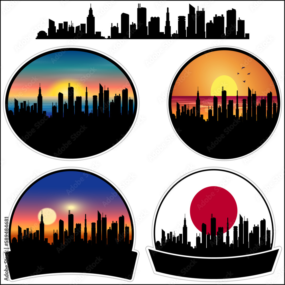 Yoichi Skyline Silhouette Japan Flag Travel Souvenir Sticker Sunset Background Vector Illustration SVG EPS AI