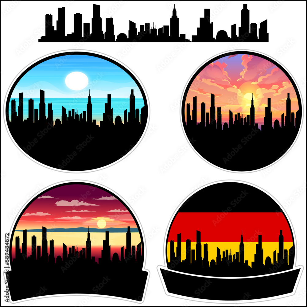 Moosburg Skyline Silhouette Germany Flag Travel Souvenir Sticker Sunset Background Vector Illustration SVG EPS AI