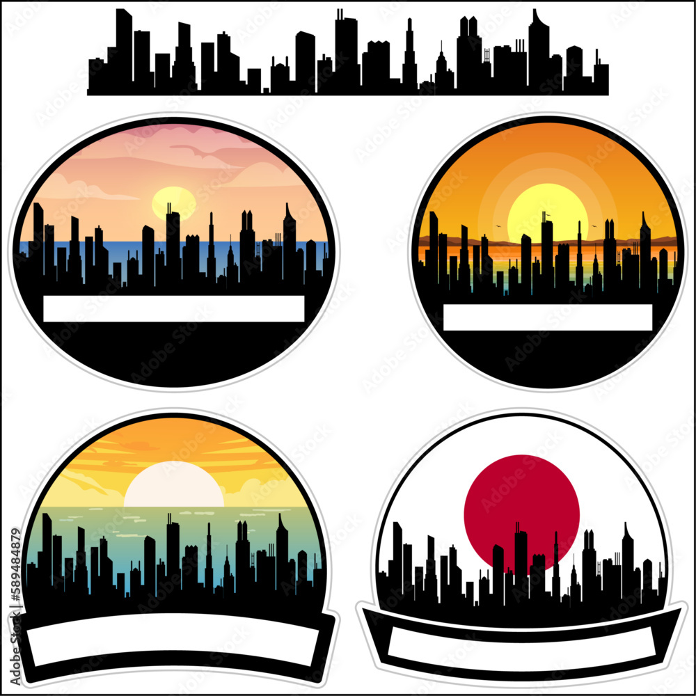 Memuro minami Skyline Silhouette Japan Flag Travel Souvenir Sticker Sunset Background Vector Illustration SVG EPS AI