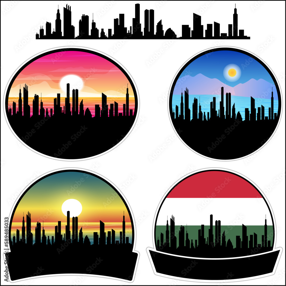 Gyomro Skyline Silhouette Hungary Flag Travel Souvenir Sticker Sunset Background Vector Illustration SVG EPS AI