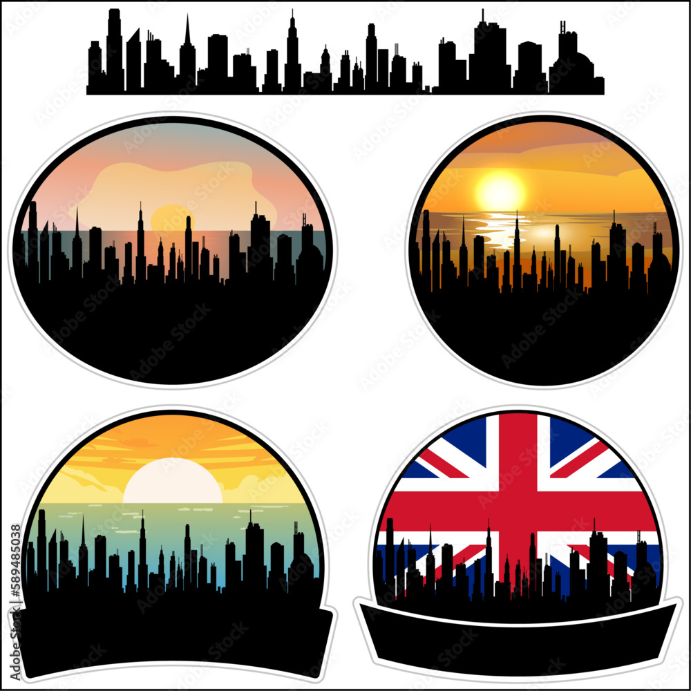 Almondbury Skyline Silhouette Uk Flag Travel Souvenir Sticker Sunset Background Vector Illustration SVG EPS AI