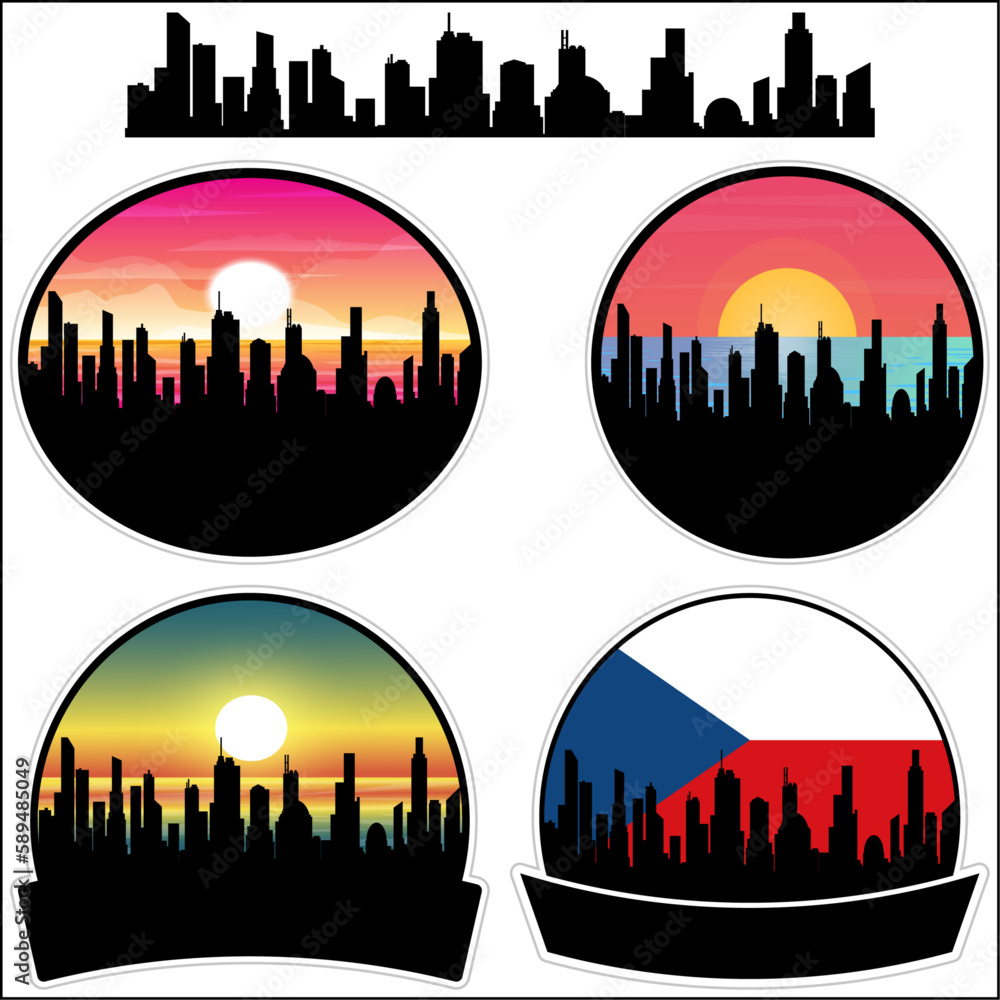Louny Skyline Silhouette Czech Flag Travel Souvenir Sticker Sunset Background Vector Illustration SVG EPS AI