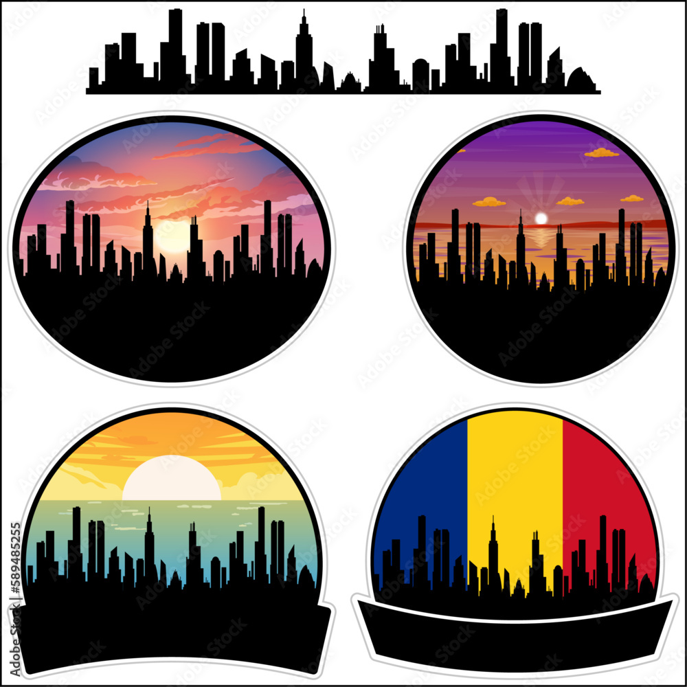 Bals Skyline Silhouette Romania Flag Travel Souvenir Sticker Sunset Background Vector Illustration SVG EPS AI