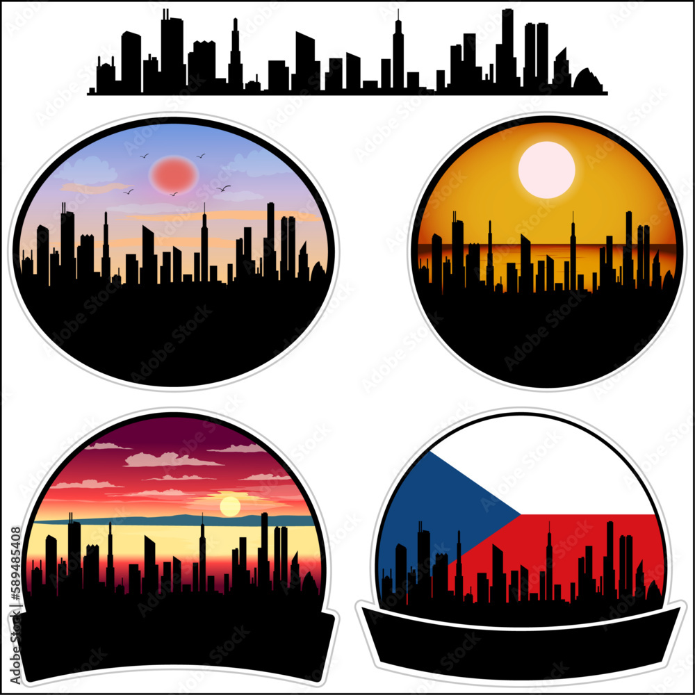 Hranice Skyline Silhouette Czech Flag Travel Souvenir Sticker Sunset Background Vector Illustration SVG EPS AI