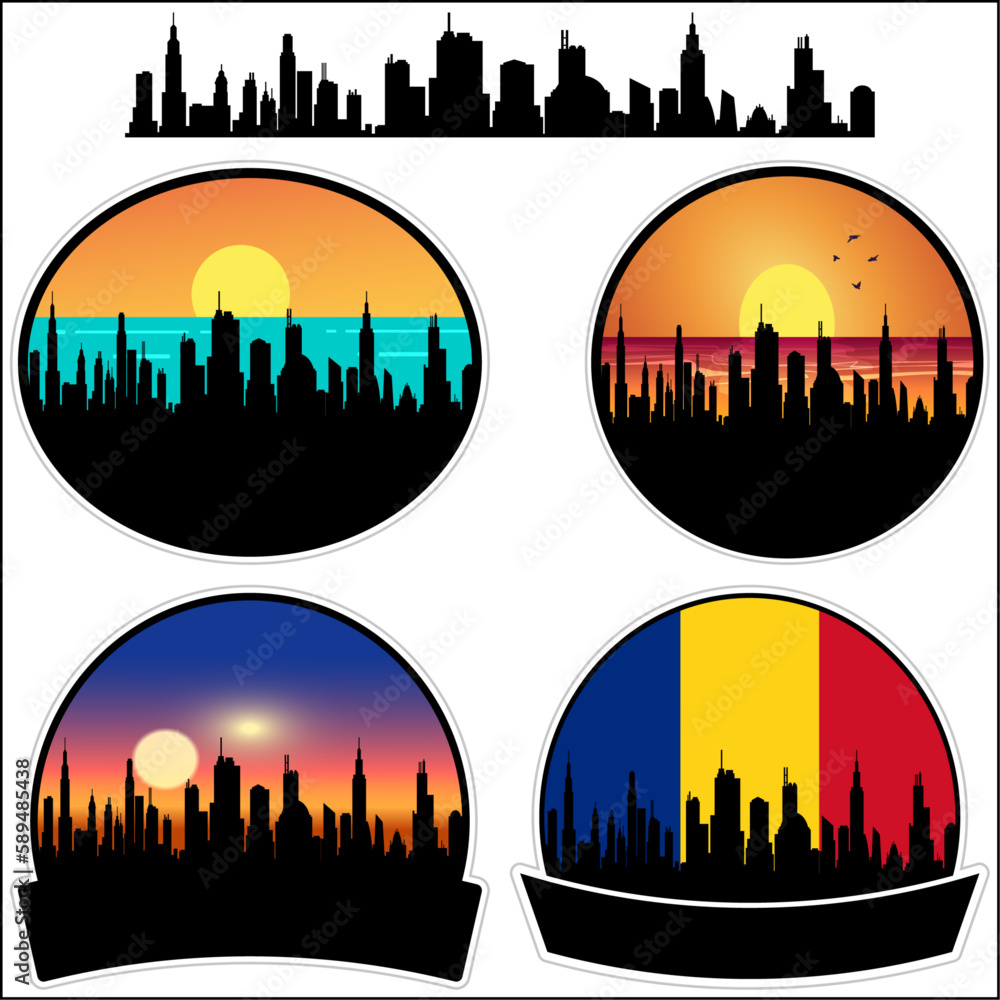 Baicoi Skyline Silhouette Romania Flag Travel Souvenir Sticker Sunset Background Vector Illustration SVG EPS AI