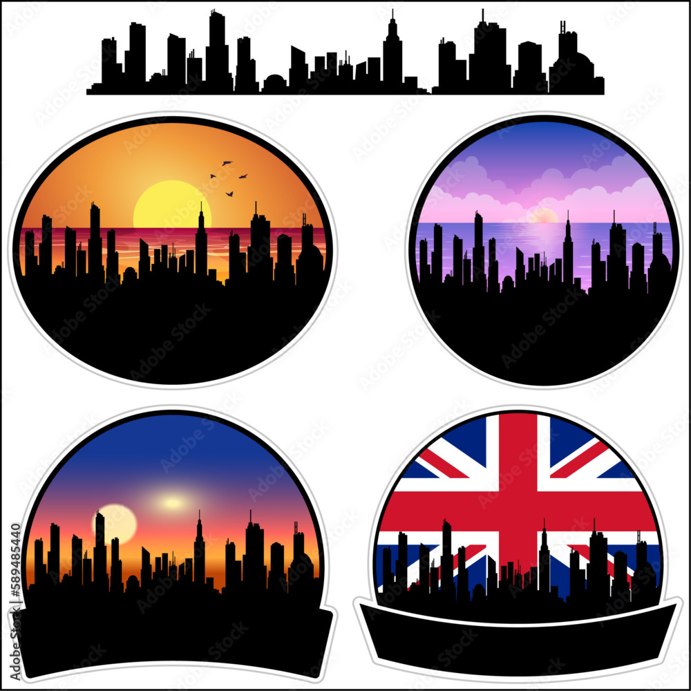 Madeley Skyline Silhouette Uk Flag Travel Souvenir Sticker Sunset Background Vector Illustration SVG EPS AI